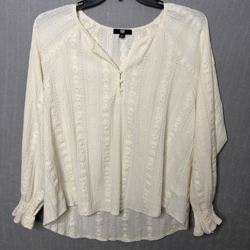 Frye Womens XL Cream Tunic Popover Long Sleeve Eyelet Lace Crochet Boho Peasant
